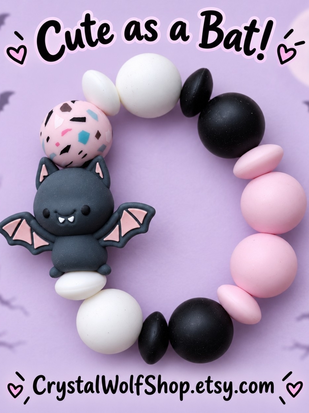 Cute Bat Silicone Bracelet — Pink Black White Teething Bracelet
